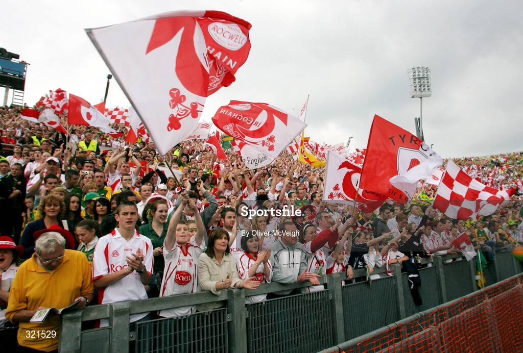 21 September 2008; Tyrone fans on Hill 16 cheer on their team. GAA Football All-Ireland Senior Championship Final, Kerry v Tyrone, Croke Park, Dublin. Picture credit: Oliver McVeigh / SPORTSFILE