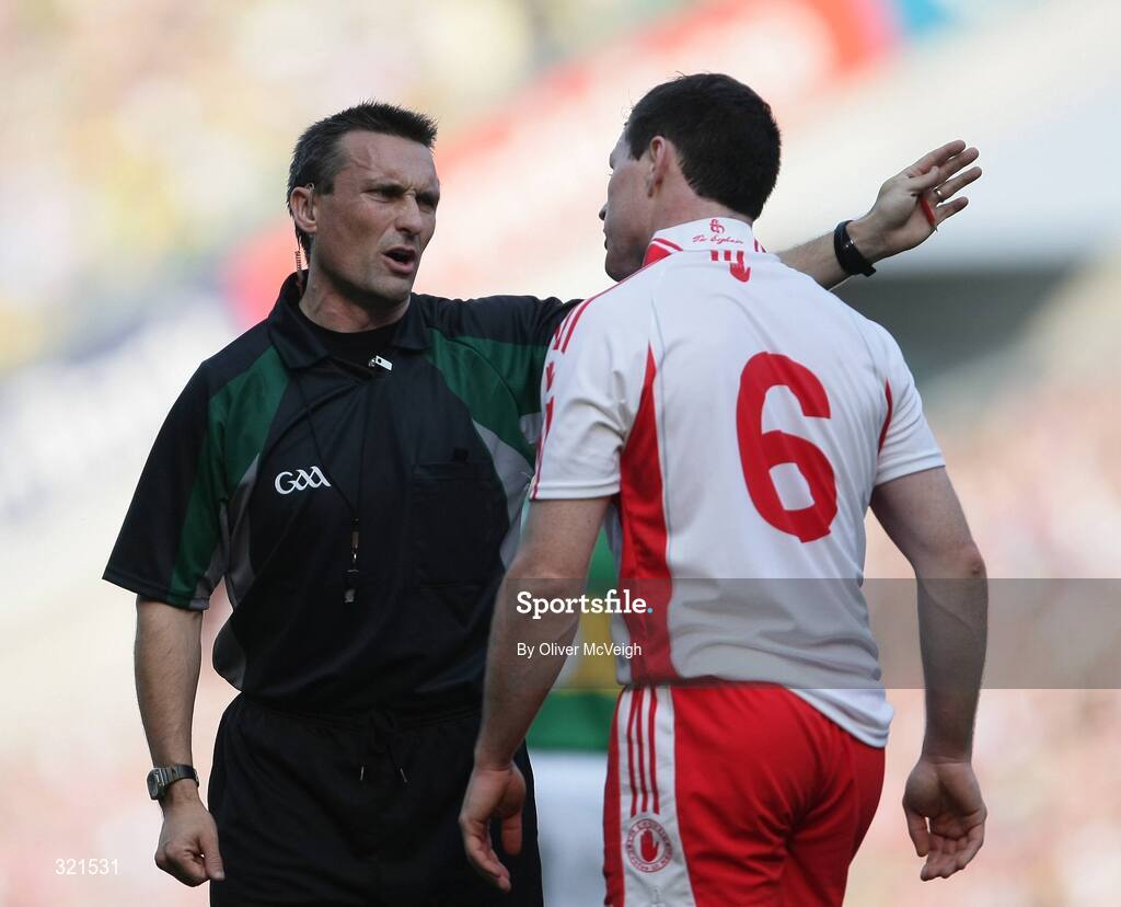 21 September 2008; Referee Maurice Deegan speaks to Tyrone's Conor Gormley. GAA Football All-Ireland Senior Championship Final, Kerry v Tyrone, Croke Park, Dublin. Picture credit: Oliver McVeigh / SPORTSFILE