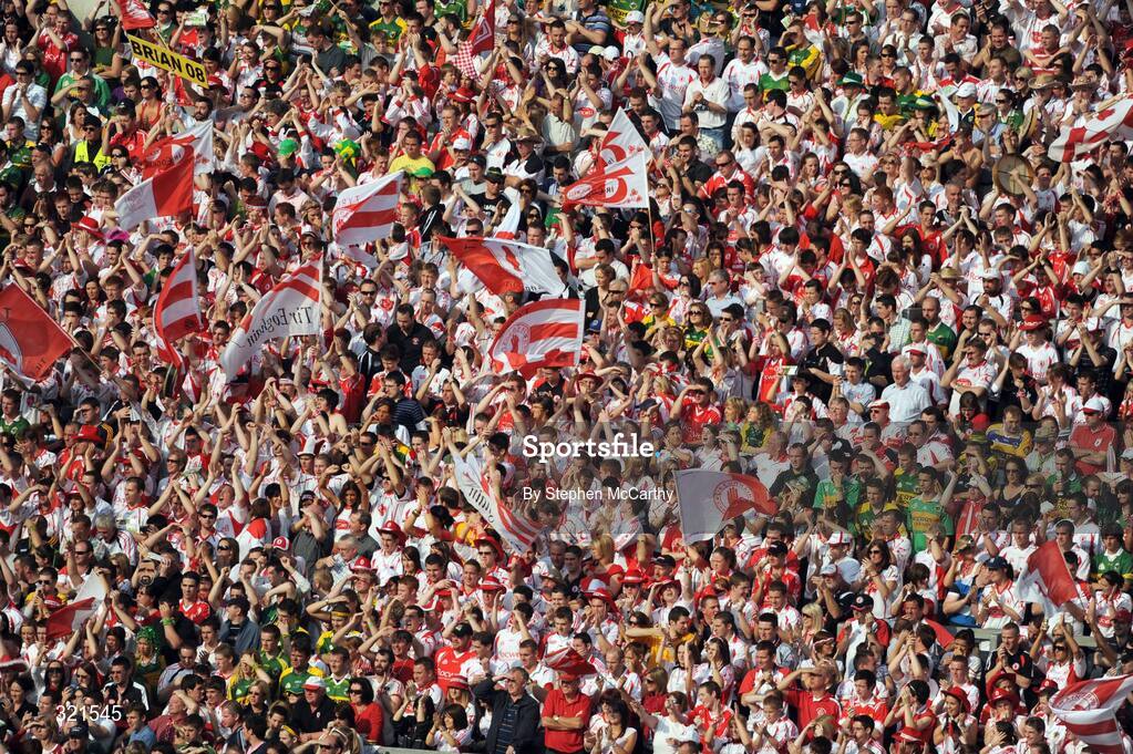 21 September 2008; A general view of Tyrone supporters on Hill 16 celebrate during the final minutes of the game. GAA Football All-Ireland Senior Championship Final, Kerry v Tyrone, Croke Park, Dublin. Picture credit: Stephen McCarthy / SPORTSFILE