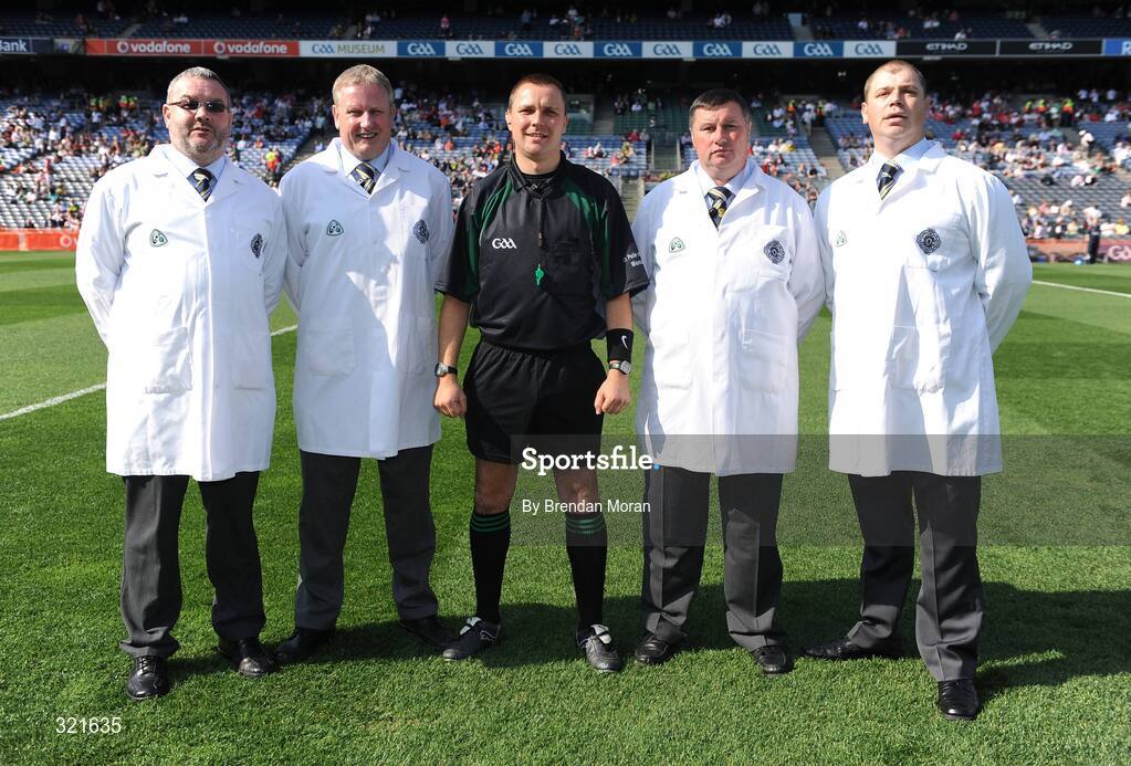 21 September 2008; Referee Rory Hickey, from Clare, with his umpires, from left, Pat McEnerney, Tom Sheehan, Mike Kelly and Sean McMahon before the game. ESB GAA Football All-Ireland Minor Championship Final, Tyrone v Mayo, Croke Park, Dublin. Picture credit: Brendan Moran / SPORTSFILE