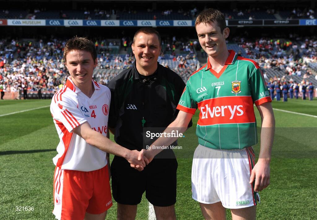 21 September 2008; Referee Rory Hickey with team captains Ryan Pickering, Tyrone, and Shane Nally, Mayo, before the game. ESB GAA Football All-Ireland Minor Championship Final, Tyrone v Mayo, Croke Park, Dublin. Picture credit: Brendan Moran / SPORTSFILE