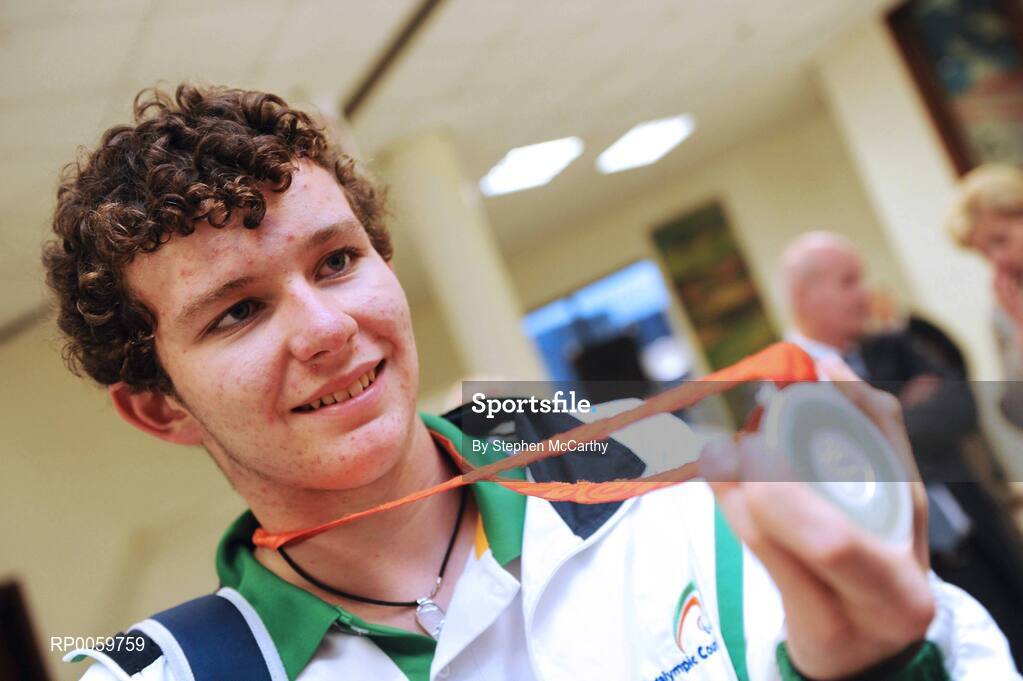19 September 2008; Darragh McDonald, from Gorey, Co. Wexford, who won a silver medal in the Men's 400m Freestyle - S6 Final, at Dublin Airport as the Irish Paralympic Team arrived home from Beijing. Dublin Airport, Dublin. Picture credit: Stephen McCarthy / SPORTSFILE