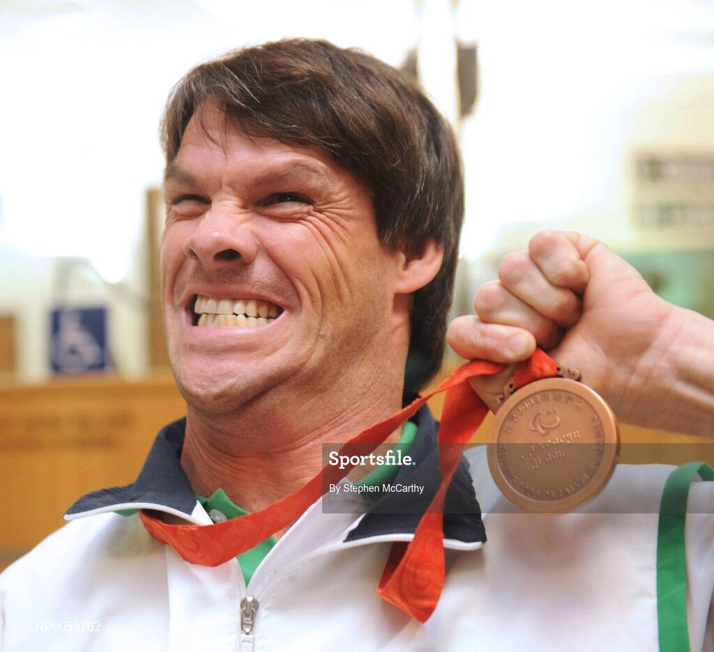 19 September 2008; Gabriel Shelly, from Bagenalstown, Co. Carlow, who won a bronze medal in the Boccia Mixed Individual - BC1, at Dublin Airport as the Irish Paralympic Team arrived home from Beijing. Dublin Airport, Dublin. Picture credit: Stephen McCarthy / SPORTSFILE