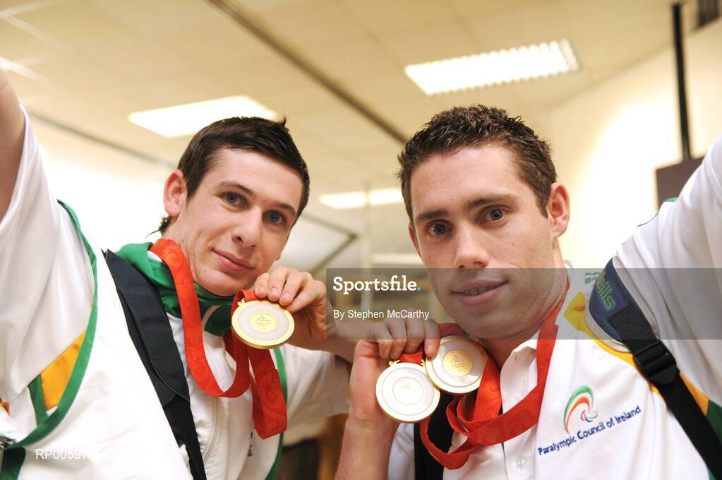 19 September 2008; Michael McKillop, from Glengormley, Co. Antrim, who won a gold medal in the Men's 800m - T37, left, and Jason Smyth, from Eglinton, Co. Derry, who won two gold medals in the Men's 200m -T13 Final and Men's 100m T13 Final, at Dublin Airport as the Irish Paralympic Team arrived home from Beijing. Dublin Airport, Dublin. Picture credit: Stephen McCarthy / SPORTSFILE
