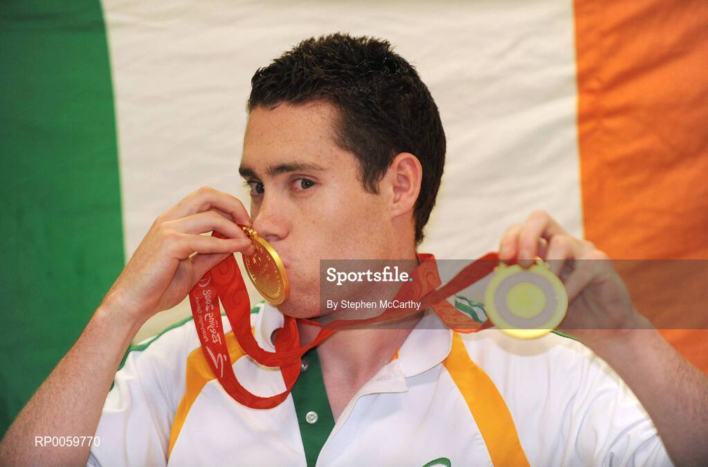19 September 2008; Jason Smyth, from Eglinton, Co. Derry, who won two gold medals in the Men's 200m -T13 Final and Men's 100m T13 Final, at Dublin Airport as the Irish Paralympic Team arrived home from Beijing. Dublin Airport, Dublin. Picture credit: Stephen McCarthy / SPORTSFILE