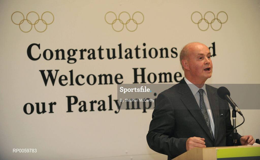 19 September 2008; Minister of State at the Department of the Taoiseach and Government Chief Whip Pat Carey speaking at a reception for Irish athletes at Dublin Airport as the Irish Paralympic Team arrived home from Beijing. Dublin Airport, Dublin. Picture credit: Stephen McCarthy / SPORTSFILE