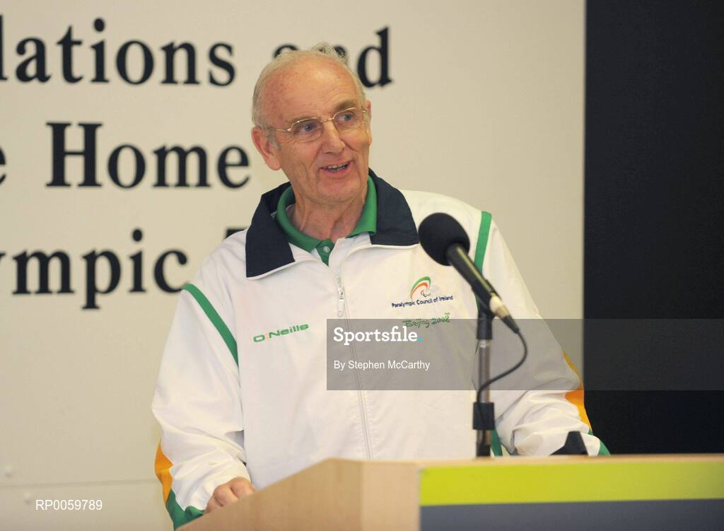 19 September 2008; Chef de Mission Jimmy Byrne speaking at a reception for Irish athletes at Dublin Airport as the Irish Paralympic Team arrived home from Beijing. Dublin Airport, Dublin. Picture credit: Stephen McCarthy / SPORTSFILE