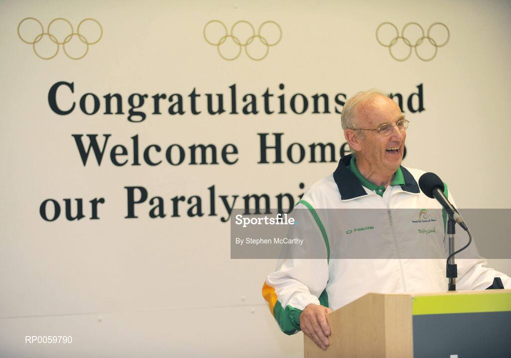 19 September 2008; Chef de Mission Jimmy Byrne speaking at a reception for Irish athletes at Dublin Airport as the Irish Paralympic Team arrived home from Beijing. Dublin Airport, Dublin. Picture credit: Stephen McCarthy / SPORTSFILE