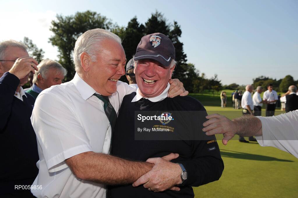 20 September 2008; Clontarf Golf Club team captain Brian Looby, right, is congratulated by GUI General Secretary Seamus Smith, himself a Clontarf member, after the Bulmers Jimmy Bruen Shield Final. Bulmers Cups and Shields Finals 2008, Monkstown Golf Club, Parkgarriff, Monkstown, Co. Cork. Picture credit: Ray McManus / SPORTSFILE