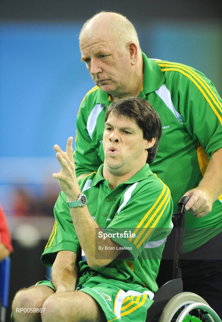 7 September 2008; Gabriel Shelly, from Bagenalstown, Co. Carlow, directs Assistant Pat 'Rocky' Judge, from Edenderry, Offaly, during his opening pool match of the Individual Boccia competition against Brock Richardson of Canada. Gabriel won the match 4-2. Beijing Paralympic Games 2008, Mixed Individual Boccia BC1, Pool D, Fencing Hall of National Convention Centre, Olympic Green, Beijing, China. Picture credit: Brian Lawless / SPORTSFILE
