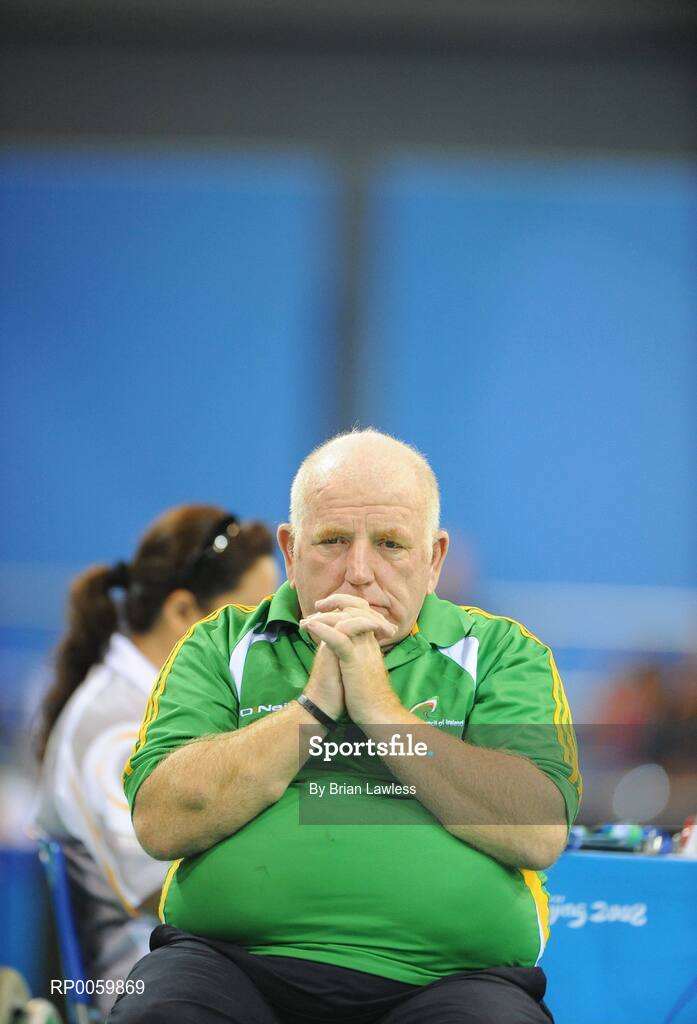 7 September 2008; Assistant Pat 'Rocky' Judge, from Edenderry, Offaly, watches on during Gabriel Shelly's, from Bagenalstown, Co. Carlow, opening pool match of the Individual Boccia competition against Brock Richardson of Canada. Gabriel won the match 4-2. Beijing Paralympic Games 2008, Mixed Individual Boccia BC1, Pool D, Fencing Hall of National Convention Centre, Olympic Green, Beijing, China. Picture credit: Brian Lawless / SPORTSFILE