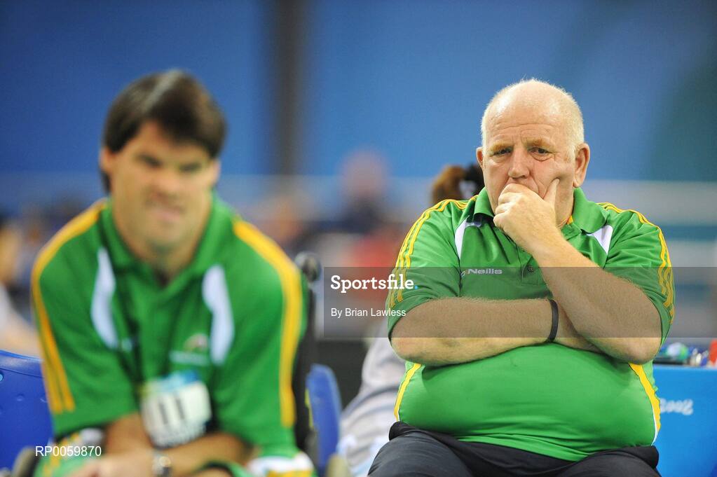 7 September 2008; Assistant Pat 'Rocky' Judge, from Edenderry, Offaly, watches on during Gabriel Shelly's, from Bagenalstown, Co. Carlow, opening pool match of the Individual Boccia competition against Brock Richardson of Canada. Gabriel won the match 4-2. Beijing Paralympic Games 2008, Mixed Individual Boccia BC1, Pool D, Fencing Hall of National Convention Centre, Olympic Green, Beijing, China. Picture credit: Brian Lawless / SPORTSFILE