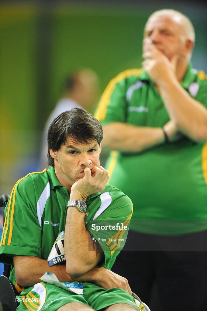 7 September 2008; Gabriel Shelly, from Bagenalstown, Co. Carlow, and Assistant Pat 'Rocky' Judge, from Edenderry, Offaly, during the opening pool match of the Individual Boccia competition against Brock Richardson of Canada. Gabriel won the match 4-2. Beijing Paralympic Games 2008, Mixed Individual Boccia BC1, Pool D, Fencing Hall of National Convention Centre, Olympic Green, Beijing, China. Picture credit: Brian Lawless / SPORTSFILE