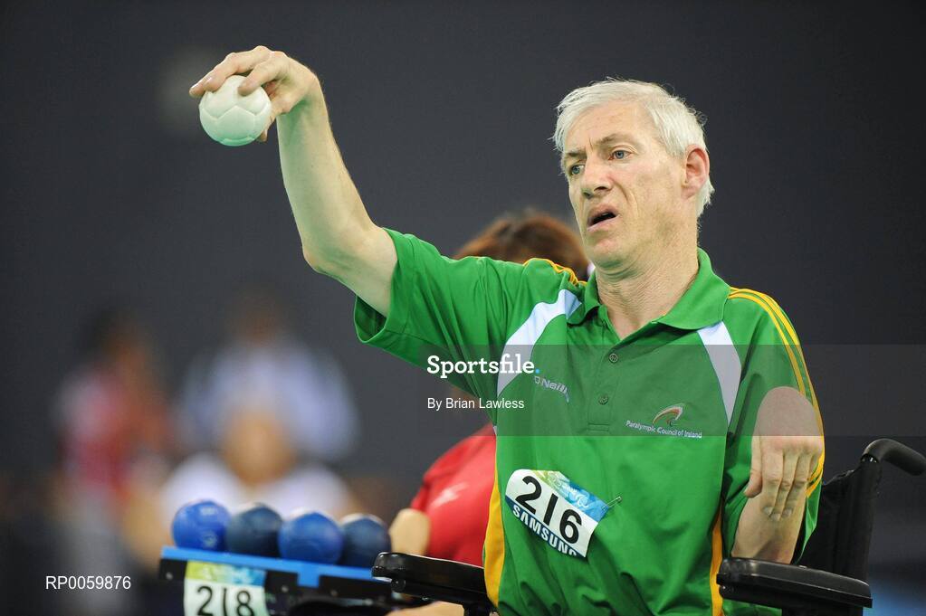 7 September 2008; Tom Leahy, from Fermoy, Co. Cork, focuses during his opening pool match of the Individual Boccia competition against Risa Kainuma of Japan. Tom lost his match 4-2. Beijing Paralympic Games 2008, Mixed Individual Boccia BC2, Pool B, Fencing Hall of National Convention Centre, Olympic Green, Beijing, China. Picture credit: Brian Lawless / SPORTSFILE
