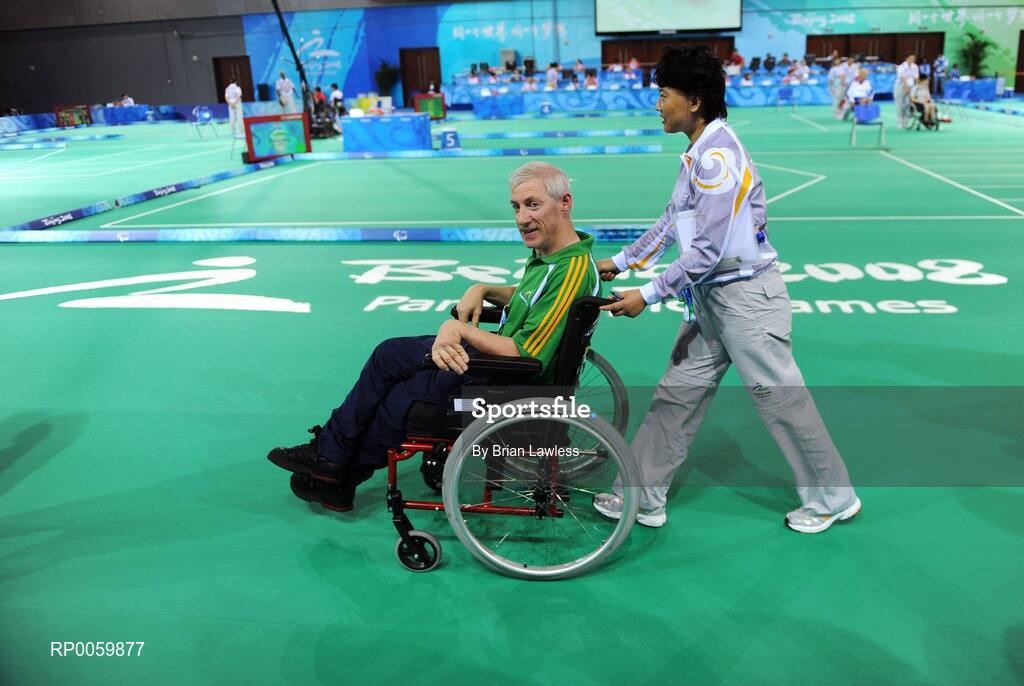 7 September 2008; Tom Leahy, from Fermoy, Co. Cork, after his opening pool match of the Individual Boccia competition against Risa Kainuma of Japan. Tom lost his match 4-2. Beijing Paralympic Games 2008, Mixed Individual Boccia BC2, Pool B, Fencing Hall of National Convention Centre, Olympic Green, Beijing, China. Picture credit: Brian Lawless / SPORTSFILE