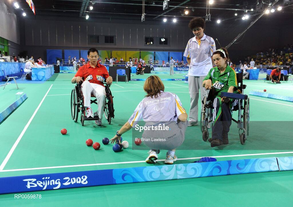 7 September 2008; Roberta 'Bobbie' Connolly, right, from Fockrock, Dublin, during her opening pool match of the Individual Boccia competition against Fei Cao of China. Roberta lost her match 5-0 before going on to win her second match 4-3 against Roberto Leglice of Argentina. Beijing Paralympic Games 2008, Mixed Individual Boccia BC2, Pool G, Fencing Hall of National Convention Centre, Olympic Green, Beijing, China. Picture credit: Brian Lawless / SPORTSFILE