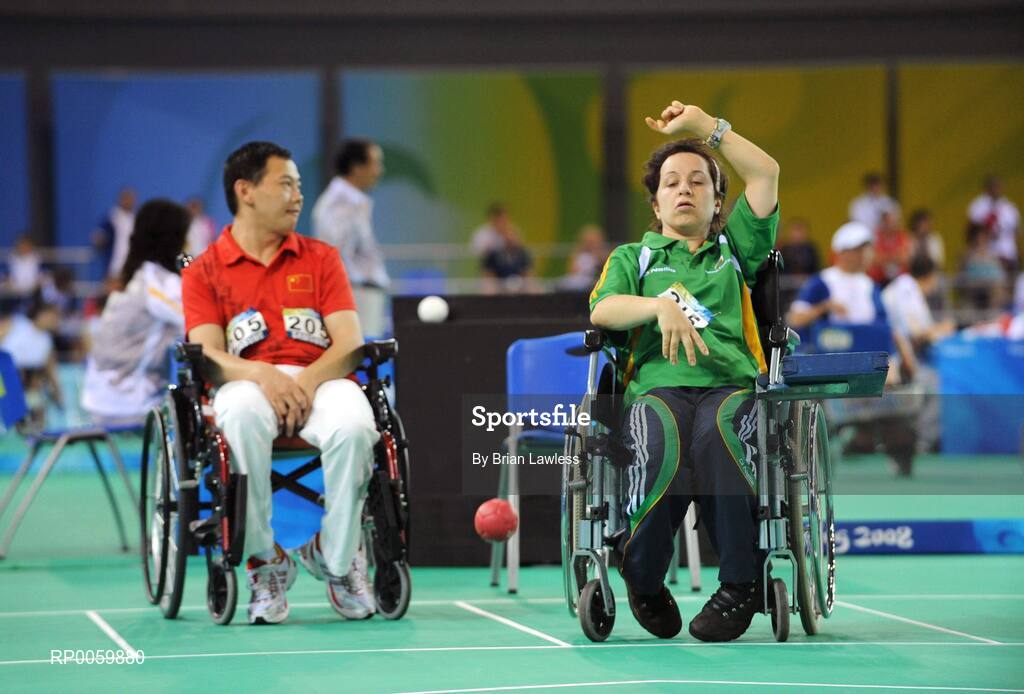 7 September 2008; Roberta 'Bobbie' Connolly, from Fockrock, Dublin, during her opening pool match of the Individual Boccia competition against Fei Cao of China. Roberta lost her match 5-0 before going on to win her second match 4-3 against Roberto Leglice of Argentina. Beijing Paralympic Games 2008, Mixed Individual Boccia BC2, Pool G, Fencing Hall of National Convention Centre, Olympic Green, Beijing, China. Picture credit: Brian Lawless / SPORTSFILE