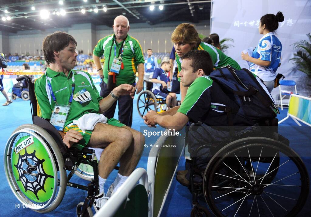 7 September 2008; Gabriel Shelly, left, from Bagenalstown, Co. Carlow, is interviewed by John Fulham, PCI Communications Officer, and Sindead McElroy, Irish Sports Council Communications Officer, after his opening pool match of the Individual Boccia competition against Brock Richardson of Canada. Gabriel won the match 4-2. Beijing Paralympic Games 2008, Mixed Individual Boccia BC1, Pool D, Fencing Hall of National Convention Centre, Olympic Green, Beijing, China. Picture credit: Brian Lawless / SPORTSFILE