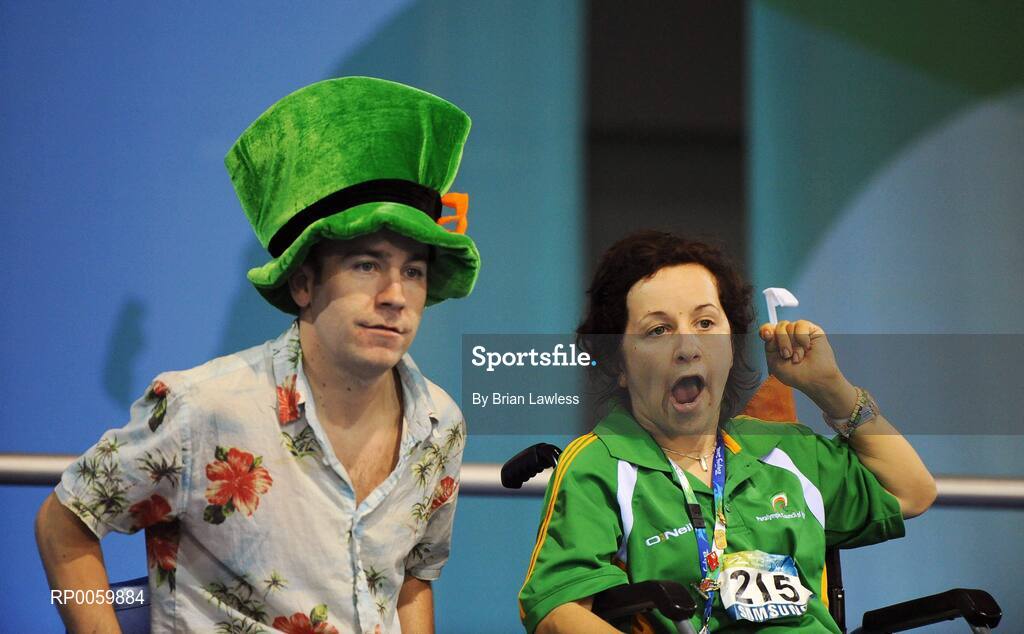 7 September 2008; Roberta 'Bobbie' Connolly, from Fockrock, Dublin, with her brother Darragh after her opening pool match of the Individual Boccia competition against Fei Cao of China. Roberta lost her match 5-0 before going on to win her second match 4-3 against Roberto Leglice of Argentina. Beijing Paralympic Games 2008, Mixed Individual Boccia BC2, Pool G, Fencing Hall of National Convention Centre, Olympic Green, Beijing, China. Picture credit: Brian Lawless / SPORTSFILE