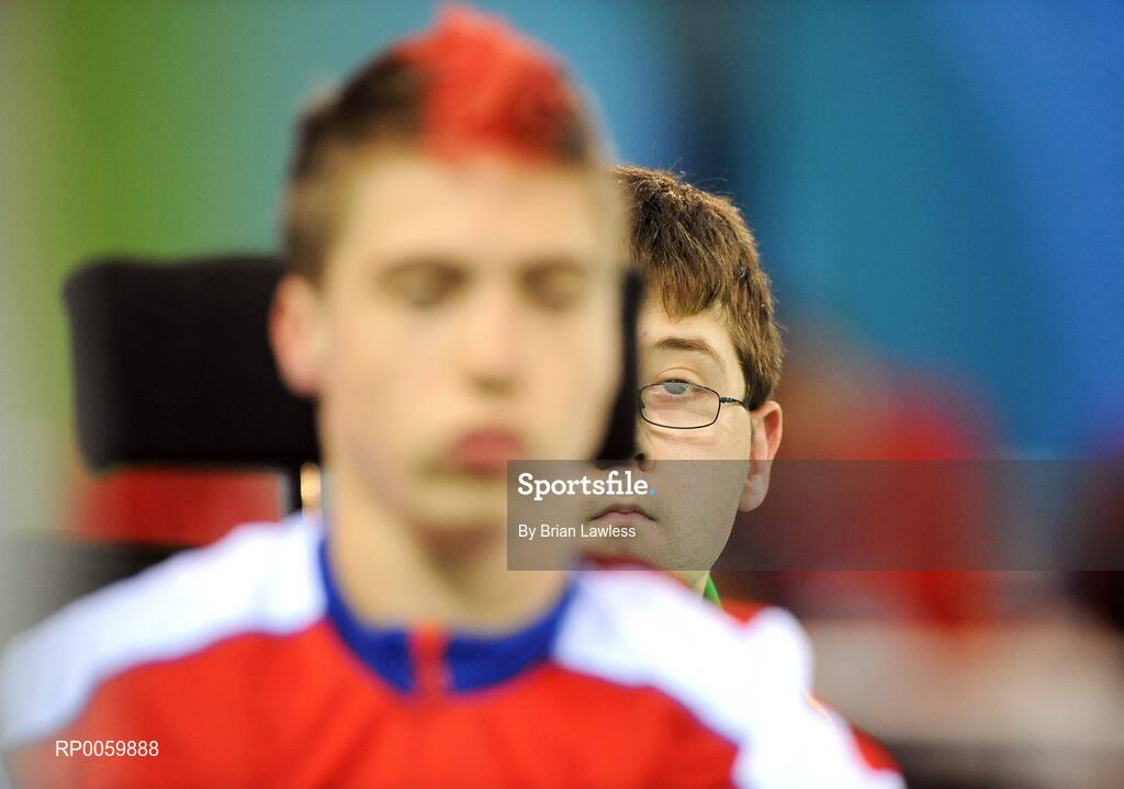 7 September 2008; Padraic Moran, from Bray, Co. Wicklow, keeps an eye on his opponent during his opening pool match of the Individual Boccia competition against David Smith of Great Britain. Padraic won his match 9-0. Beijing Paralympic Games 2008, Mixed Individual Boccia BC1, Pool B, Fencing Hall of National Convention Centre, Olympic Green, Beijing, China. Picture credit: Brian Lawless / SPORTSFILE