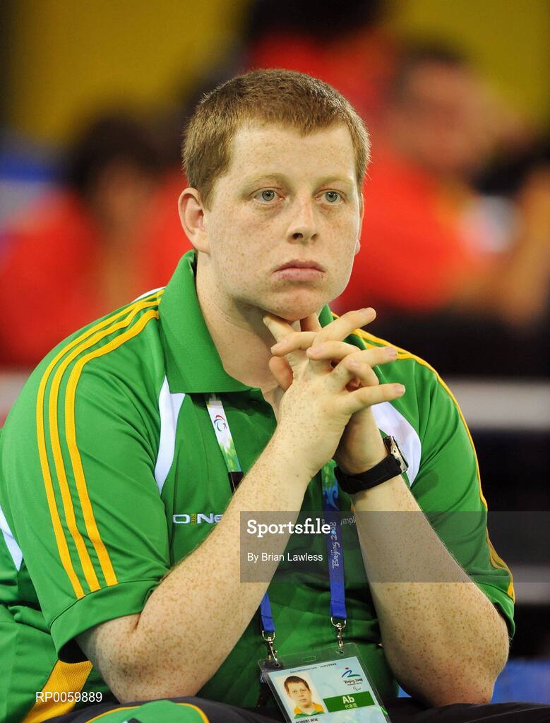 7 September 2008; Sports Assistant Robert Roe, from Bray, Wicklow, during Padraic Moran's opening pool match of the Individual Boccia competition against David Smith of Great Britain. Padraic won his match 9-0. Beijing Paralympic Games 2008, Mixed Individual Boccia BC1, Pool B, Fencing Hall of National Convention Centre, Olympic Green, Beijing, China. Picture credit: Brian Lawless / SPORTSFILE
