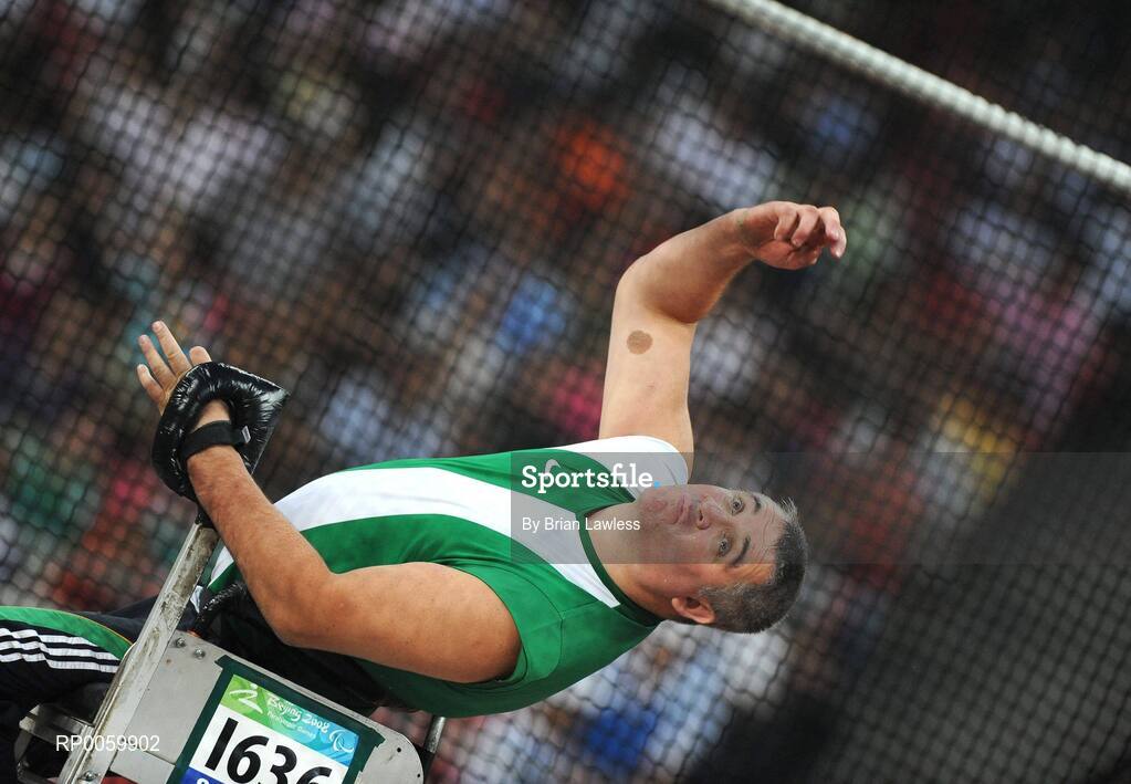 8 September 2008; Garrett Culliton, from Clonaslee, Co. Laois, watches his throw during the Men's Discus Throw - F33/34/52 Final. Garrett finished in 5th position overall with a distance of 17.79m setting a new Irish record. Beijing Paralympic Games 2008, Men's Shot Putt Final F32, National Stadium, Olympic Green, Beijing, China. Picture credit: Brian Lawless / SPORTSFILE