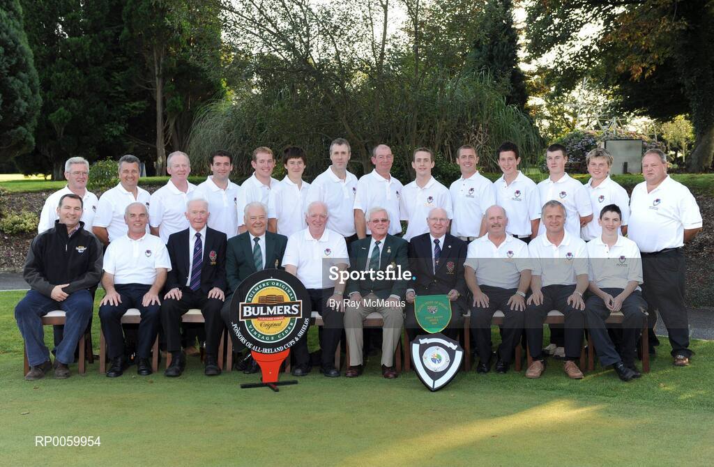 20 September 2008; Clontarf Golf Club who defeated Monkstown in the final of the Bulmers Jimmy Bruen Shield, back row left to right, Turlough Considine, Frank Kellett, Sean Stone, Philip Duffy, Michael Fahy, Niall Lyons, Tony Stanley, Sean Quinn, Tim OConnell, Dave Collins, Mark Brennan, Stephen Kealy, Conor Harrington and Tommy McCarthy.  Front row left to right, Barry Moran Bulmers Commercial Manager, Aidan Fry, Vice Captain, Clontarf, Tony Wall, President, Seamus Smith, General Secretary, GUI, Brian Looby, Co-Team Manager, Barry Doyle, President, GUI, Martin Cahill, Club Captain, Brendan Foy, Co-Team Manager, Michael Kellett and Neal OFlynn. Bulmers Jimmy Bruen Shield Final. Bulmers Cups and Shields Finals 2008, Monkstown Golf Club, Parkgarriff, Monkstown, Co. Cork. Picture credit: Ray McManus / SPORTSFILE