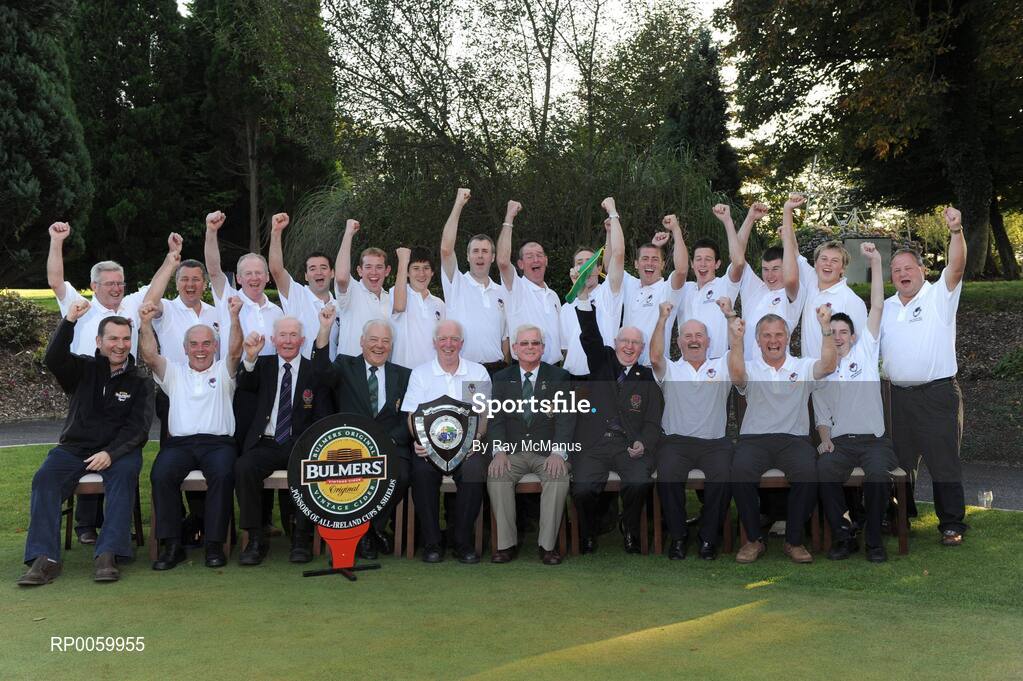 20 September 2008; Clontarf Golf Club who defeated Monkstown in the final of the Bulmers Jimmy Bruen Shield, back row left to right, Turlough Considine, Frank Kellett, Sean Stone, Philip Duffy, Michael Fahy, Niall Lyons, Tony Stanley, Sean Quinn, Tim O’Connell, Dave Collins, Mark Brennan, Stephen Kealy, Conor Harrington and Tommy McCarthy.  Front row left to right, Barry Moran Bulmers Commercial Manager, Aidan Fry, Vice Captain, Clontarf, Tony Wall, President, Seamus Smith, General Secretary, GUI, Brian Looby, Co-Team Manager, Barry Doyle, President, GUI, Martin Cahill, Club Captain, Brendan Foy, Co-Team Manager, Michael Kellett and Neal O’Flynn. Bulmers Jimmy Bruen Shield Final. Bulmers Cups and Shields Finals 2008, Monkstown Golf Club, Parkgarriff, Monkstown, Co. Cork. Picture credit: Ray McManus / SPORTSFILE