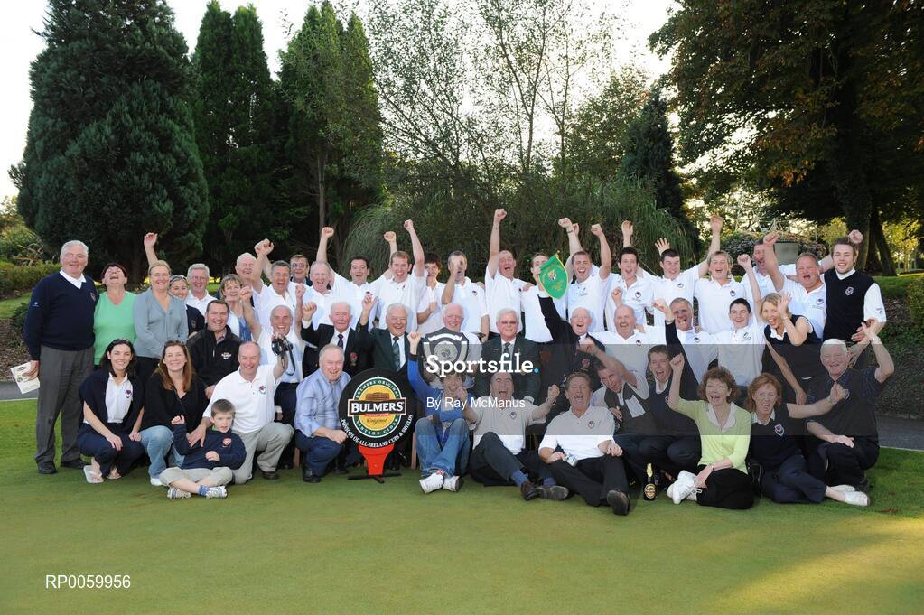 20 September 2008; Clontarf Golf Club and supporters who defeated Monkstown in the final of the Bulmers Jimmy Bruen Shield, included are, Turlough Considine, Frank Kellett, Sean Stone, Philip Duffy, Michael Fahy, Niall Lyons, Tony Stanley, Sean Quinn, Tim O’Connell, Dave Collins, Mark Brennan, Stephen Kealy, Conor Harrington and Tommy McCarthy,  Barry Moran Bulmers Commercial Manager, Aidan Fry, Vice Captain, Clontarf, Tony Wall, President, Seamus Smith, General Secretary, GUI, Brian Looby, Co-Team Manager, Barry Doyle, President, GUI, Martin Cahill, Club Captain, Brendan Foy, Co-Team Manager, Michael Kellett and Neal O’Flynn. Bulmers Jimmy Bruen Shield Final. Bulmers Cups and Shields Finals 2008, Monkstown Golf Club, Parkgarriff, Monkstown, Co. Cork. Picture credit: Ray McManus / SPORTSFILE