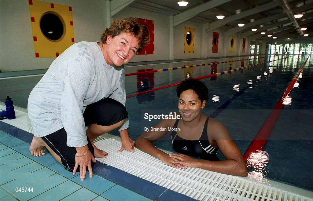 21 August 2000; Irish swimmer Chantal Gibney and her coach Carole Walsh pose for a portrait after a training session at the Westwood Club in Dublin prior to the 2000 Sydney Olympic Games. Photo by Brendan Moran/Sportsfile