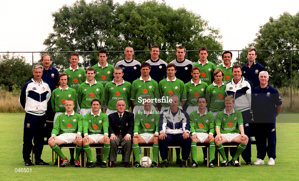 30 August 2000; The Irish team and officials photographed prior to their departure for the first game against Holland in their 2002 FIFA World Cup Qualifying Campaign. Pictured are, back row, from left, Kit man Joe Walsh, Mark Kinsella, Ian Harte, Dean Kiely, Alan Kelly, Shay Given, Steve Finnan, Stephen Carr and chartered physio Ciaran Murray with, middle row, from left, Assistant Manager Ian Evans, David Connolly, Kevin Kilbane, Richard Dunne, Niall Quinn, Gary Breen, Dominic Foley, Jason McAteer, Goalkeeping Coach Packie Bonner and physio Mick Byrne and front, row, from left, Damien Duff, Robbie Keane, FAI President Pat Quigley, Roy Keane, Manager Mick McCarthy, Gary Kelly and Steve Staunton. Photo by David Maher/Sportsfile