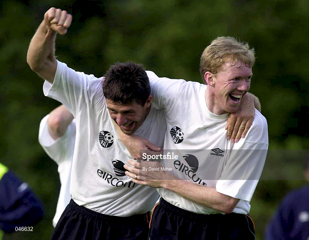 31 August 2000; Niall Quinn, left, and Steve Staunton during Republic of Ireland Squad Training at the Sport Park Riekershaven in Amsterdam, Netherlands. Photo by David Maher/Sportsfile