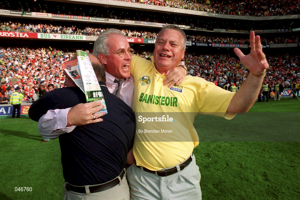 2 September 2000; Kerry manager Paidí Ó Sé, right, celebrates with Kerry County Board Chairman Sean Walsh after the Bank of Ireland All-Ireland Senior Football Championship Semi-Final replay match between Kerry and Armagh at Croke Park in Dublin. Photo by Brendan Moran/Sportsfile