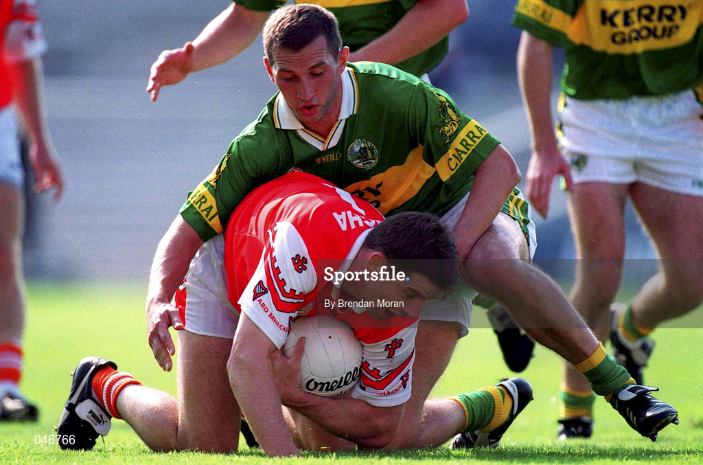2 September 2000; Paul McGrane of Armagh in action against Donal Daly of Kerry during the Bank of Ireland All-Ireland Senior Football Championship Semi-Final replay match between Kerry and Armagh at Croke Park in Dublin. Photo by Brendan Moran/Sportsfile