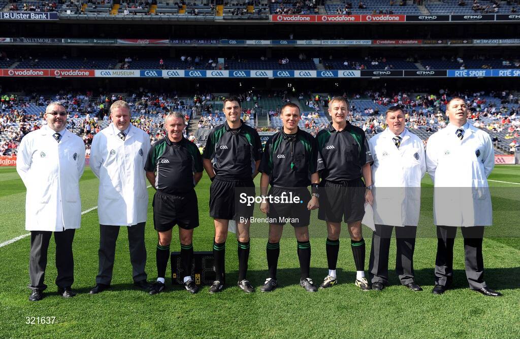 21 September 2008; The match officials for the minor game, from left, Umpires Pat McEnerney and Tom Sheehan, sideline official Paul Finnegan, linesman Gaeey McCormack, Referee Rory Hickey, linesman Aidan Mangan and umpires Mike Kelly and Sean McMahon. ESB GAA Football All-Ireland Minor Championship Final, Tyrone v Mayo, Croke Park, Dublin. Picture credit: Brendan Moran / SPORTSFILE
