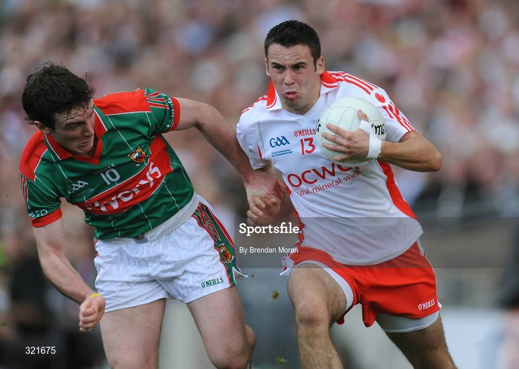 21 September 2008; Kyle Coney, Tyrone, in action against Cathal Freeman, Mayo. ESB GAA Football All-Ireland Minor Championship Final, Tyrone v Mayo, Croke Park, Dublin. Picture credit: Brendan Moran / SPORTSFILE