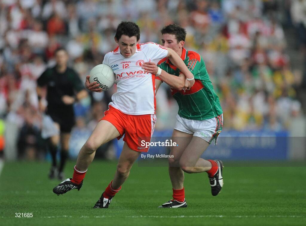 21 September 2008; Matthew Donnelly, Tyrone, in action against David Dolan, Mayo. ESB GAA Football All-Ireland Minor Championship Final, Tyrone v Mayo, Croke Park, Dublin. Picture credit: Ray McManus / SPORTSFILE