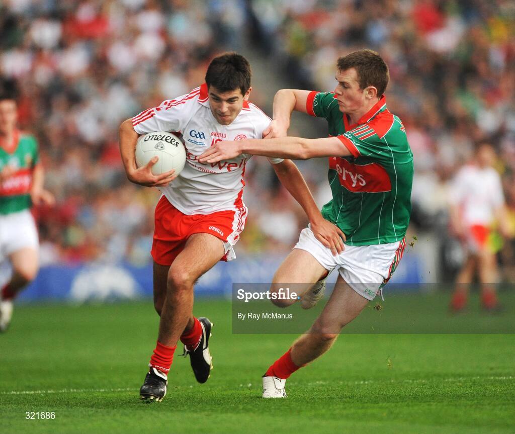 21 September 2008; Ciaran Gervin, Tyrone, in action against Shane Nally, Mayo. ESB GAA Football All-Ireland Minor Championship Final, Tyrone v Mayo, Croke Park, Dublin. Picture credit: Ray McManus / SPORTSFILE