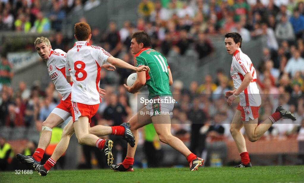 21 September 2008; Aidan O'Shea, Mayo, in action against Tyrone players Paddy McNeice, left, Niall McKenna, 8, and Matthew Donnelly. ESB GAA Football All-Ireland Minor Championship Final, Tyrone v Mayo, Croke Park, Dublin. Picture credit: Ray McManus / SPORTSFILE