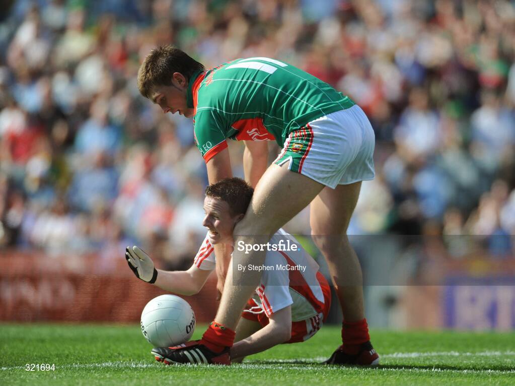 21 September 2008; Stephen MacRory, Tyrone, in action against Aidan O'Shea, Mayo. ESB GAA Football All-Ireland Minor Championship Final, Tyrone v Mayo, Croke Park, Dublin. Picture credit: Stephen McCarthy / SPORTSFILE