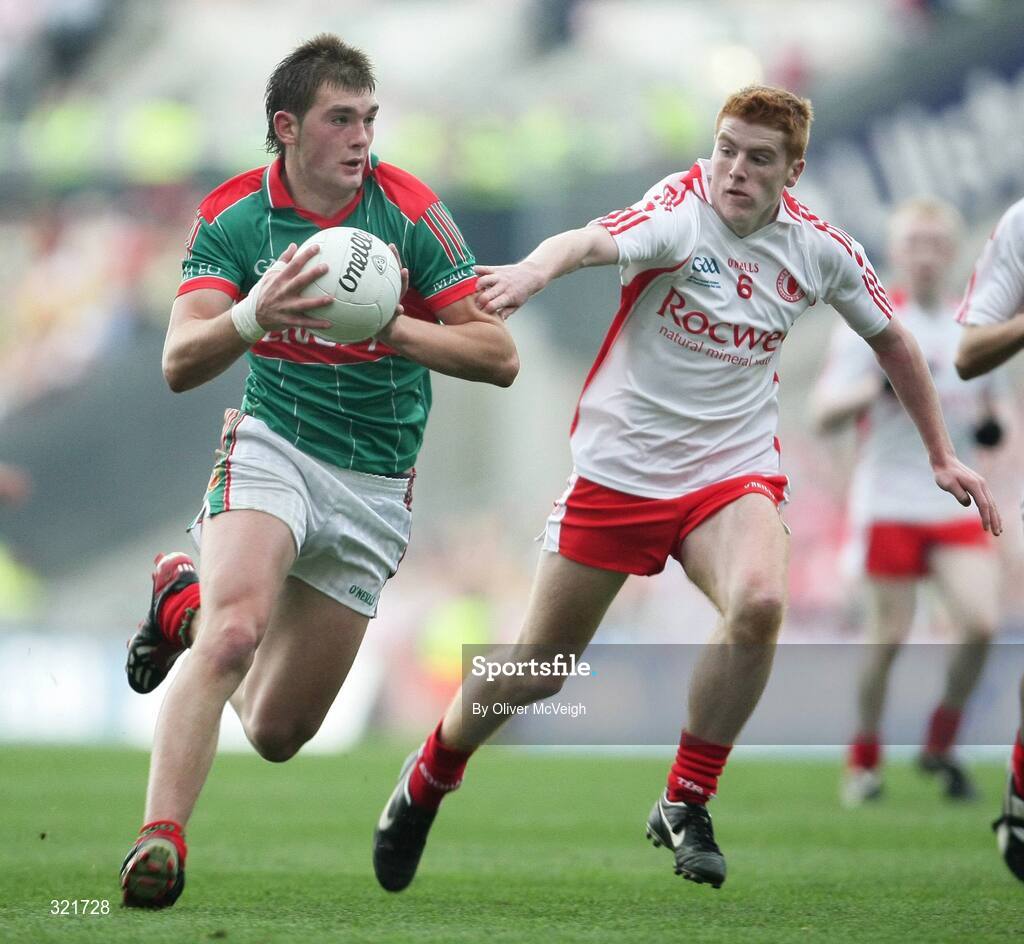 21 September 2008; Aidan O'Shea, Mayo, in action against Peter Harte, Tyrone. ESB GAA Football All-Ireland Minor Championship Final, Tyrone v Mayo, Croke Park, Dublin. Picture credit: Oliver McVeigh / SPORTSFILE