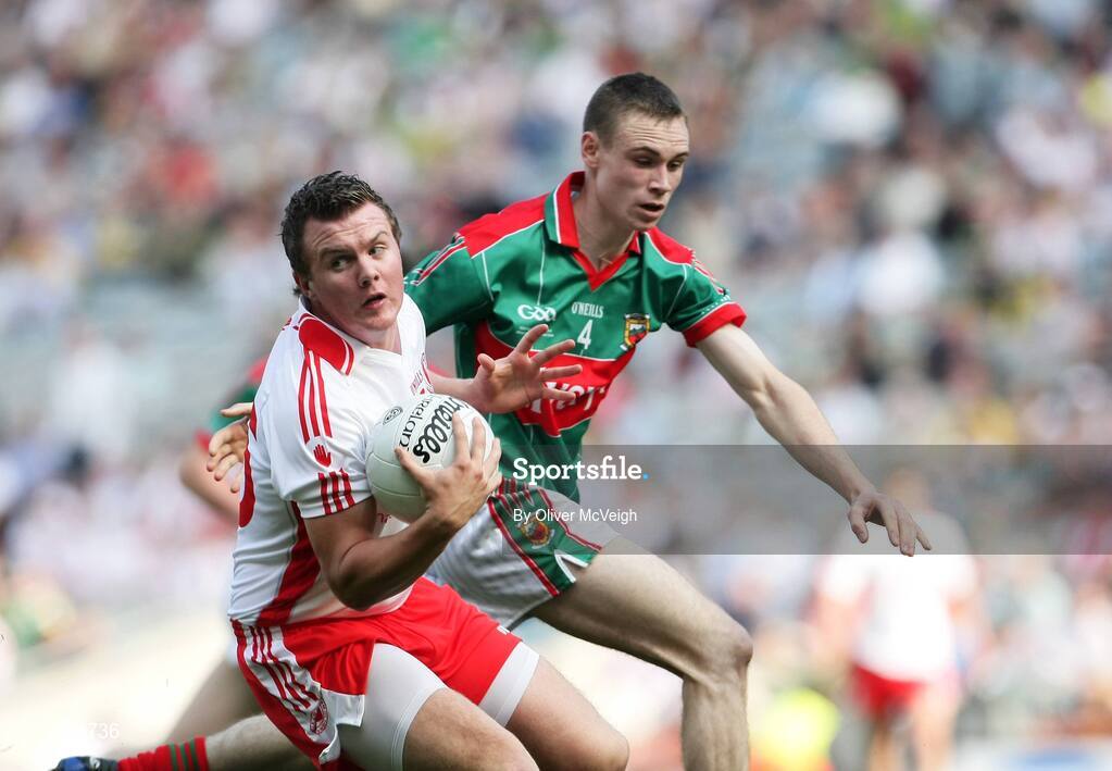 21 September 2008; Conor O'Neill, Tyrone, in action against John Broderick, Mayo. ESB GAA Football All-Ireland Minor Championship Final, Tyrone v Mayo, Croke Park, Dublin. Picture credit: Oliver McVeigh / SPORTSFILE