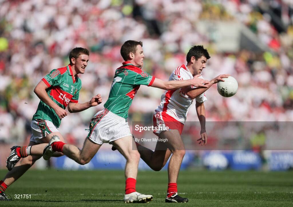 21 September 2008; Ciaran Gervin, Tyrone, in action against Shane Nally, Mayo. ESB GAA Football All-Ireland Minor Championship Final, Tyrone v Mayo, Croke Park, Dublin. Picture credit: Oliver McVeigh / SPORTSFILE