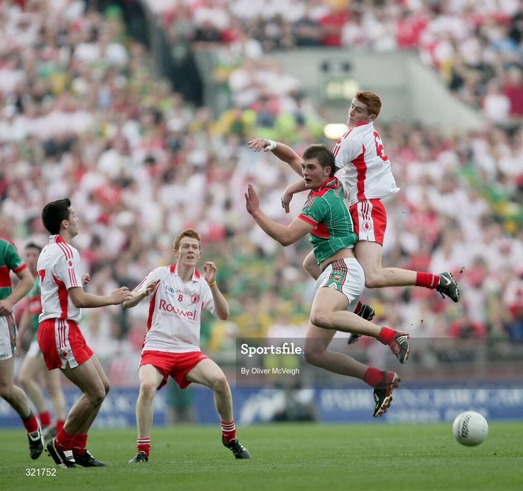 21 September 2008; Aidan O'Shea, Mayo, in action against Peter Harte, Tyrone. ESB GAA Football All-Ireland Minor Championship Final, Tyrone v Mayo, Croke Park, Dublin. Picture credit: Oliver McVeigh / SPORTSFILE