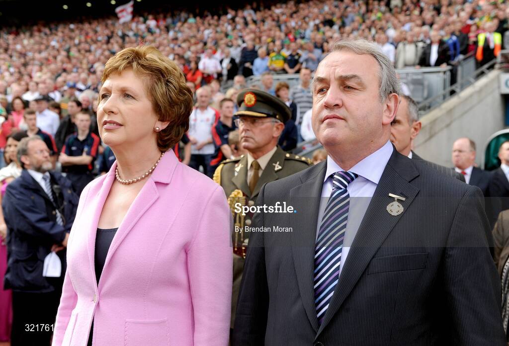 21 September 2008; President Mary McAleese, accompanied by President of the GAA Nickey Brennan, prepares to meet the teams before the game. GAA Football All-Ireland Senior Championship Final, Kerry v Tyrone, Croke Park, Dublin. Picture credit: Brendan Moran / SPORTSFILE