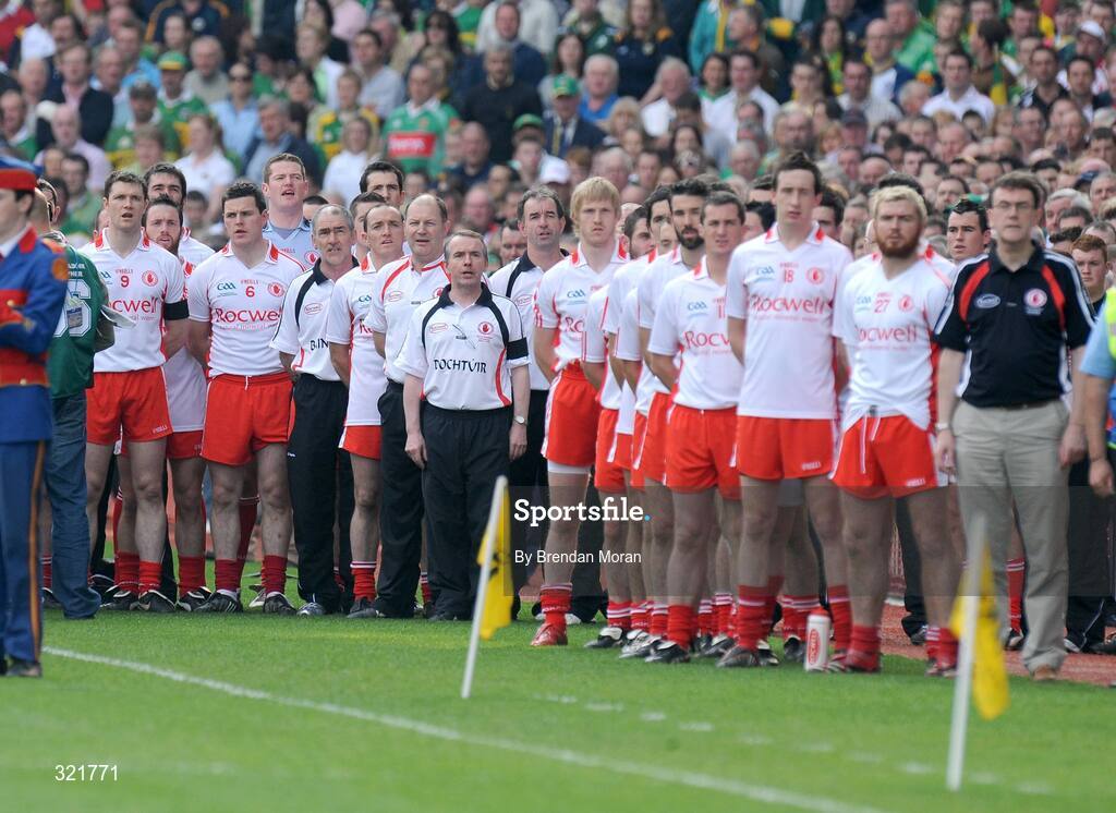 21 September 2008; The Tyrone squad stand together for the national anthem before the game. GAA Football All-Ireland Senior Championship Final, Kerry v Tyrone, Croke Park, Dublin. Picture credit: Brendan Moran / SPORTSFILE