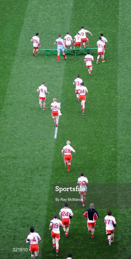 21 September 2008; Tyrone captain Brian Dooher leads his team-mates to the bench for the traditional team photograph. GAA Football All-Ireland Senior Championship Final, Kerry v Tyrone, Croke Park, Dublin. Picture credit: Ray McManus / SPORTSFILE