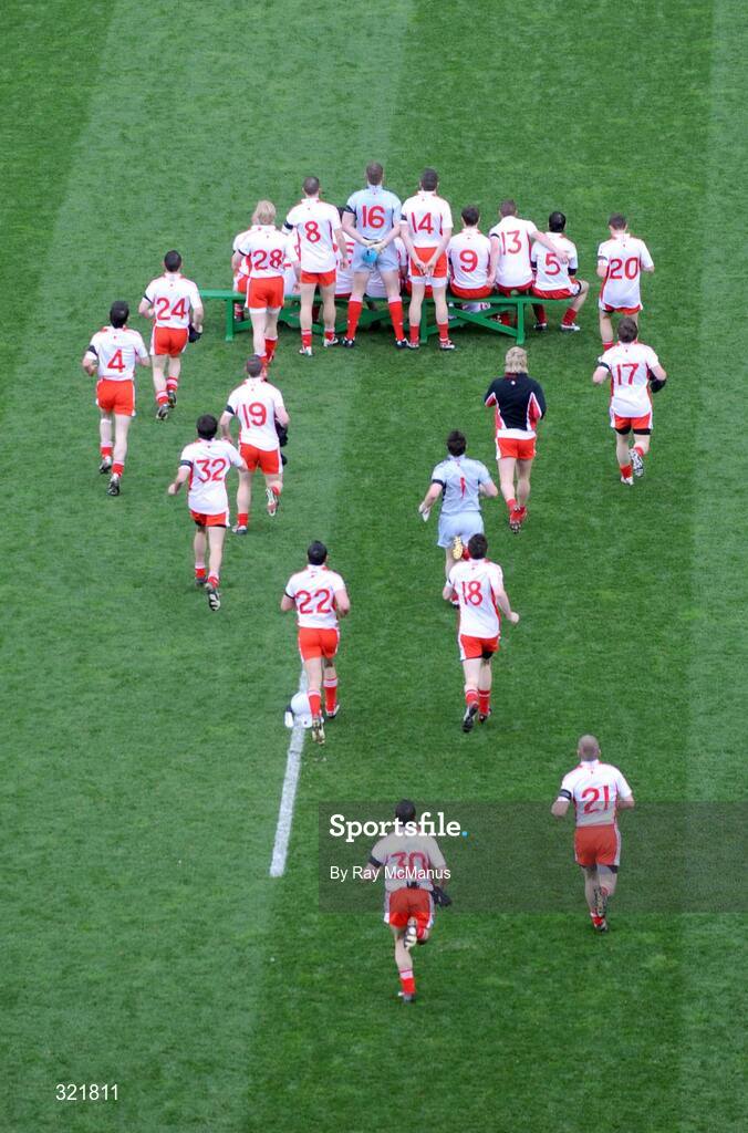 21 September 2008; Members of the Tyrone team assemble for the traditional team photograph. GAA Football All-Ireland Senior Championship Final, Kerry v Tyrone, Croke Park, Dublin. Picture credit: Ray McManus / SPORTSFILE