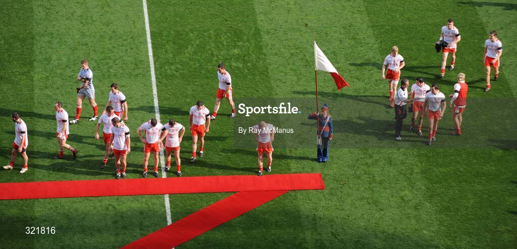 21 September 2008; Tyrone players assemble to be introduced to the President of Ireland. GAA Football All-Ireland Senior Championship Final, Kerry v Tyrone, Croke Park, Dublin. Picture credit: Ray McManus / SPORTSFILE