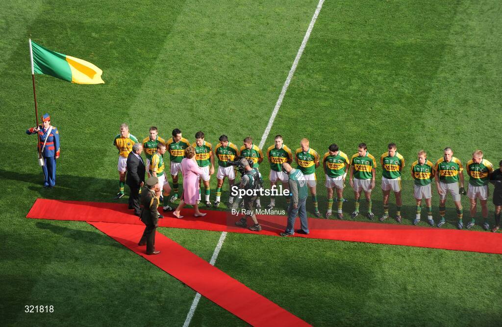 21 September 2008; Kerry's Padraig Reidy is introduced to the President of Ireland Mary McAleese by captain Tomas O Se before the game. GAA Football All-Ireland Senior Championship Final, Kerry v Tyrone, Croke Park, Dublin. Picture credit: Ray McManus / SPORTSFILE